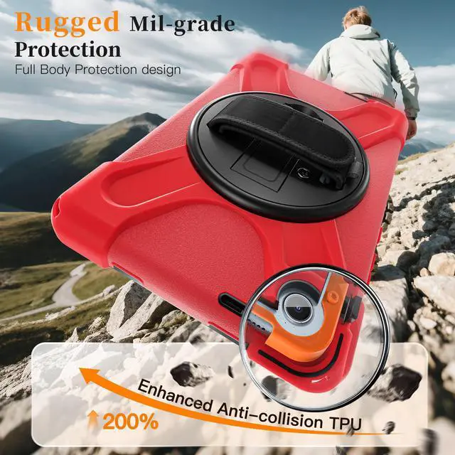 Alt view image 3 of 7 - WERLEO Case for Lenovo Tab One 8.7 inch 2025 / Tab K9 8.7" 2025 TB305XU TB305FU Shockproof Cover with Screen Protector + Rotating Hand Strap & Stand + Shoulder Strap + Universal Stylus Pen Red