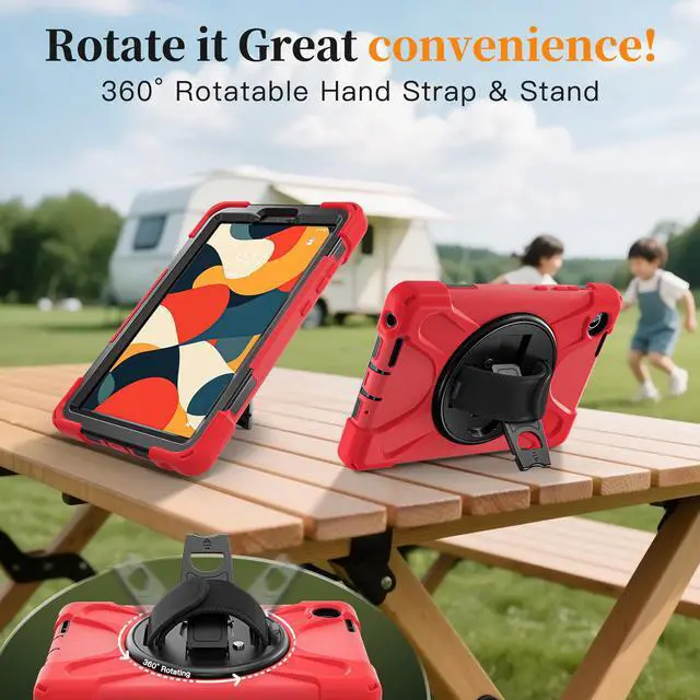 Alt view image 5 of 7 - WERLEO Case for Lenovo Tab One 8.7 inch 2025 / Tab K9 8.7" 2025 TB305XU TB305FU Shockproof Cover with Screen Protector + Rotating Hand Strap & Stand + Shoulder Strap + Universal Stylus Pen Red