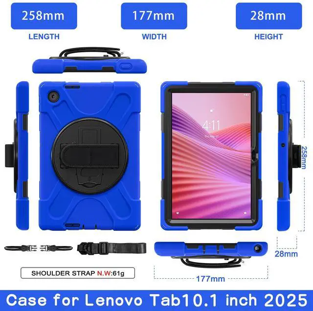 Alt view image 7 of 7 - WERLEO Case for Lenovo Tab 10.1 inch 2025 Model TB311FU TB311XU with Pencil Holder | Shockproof Cover with Kickstand Hand Strap Shoulder Strap Universal Stylus Pen Blue