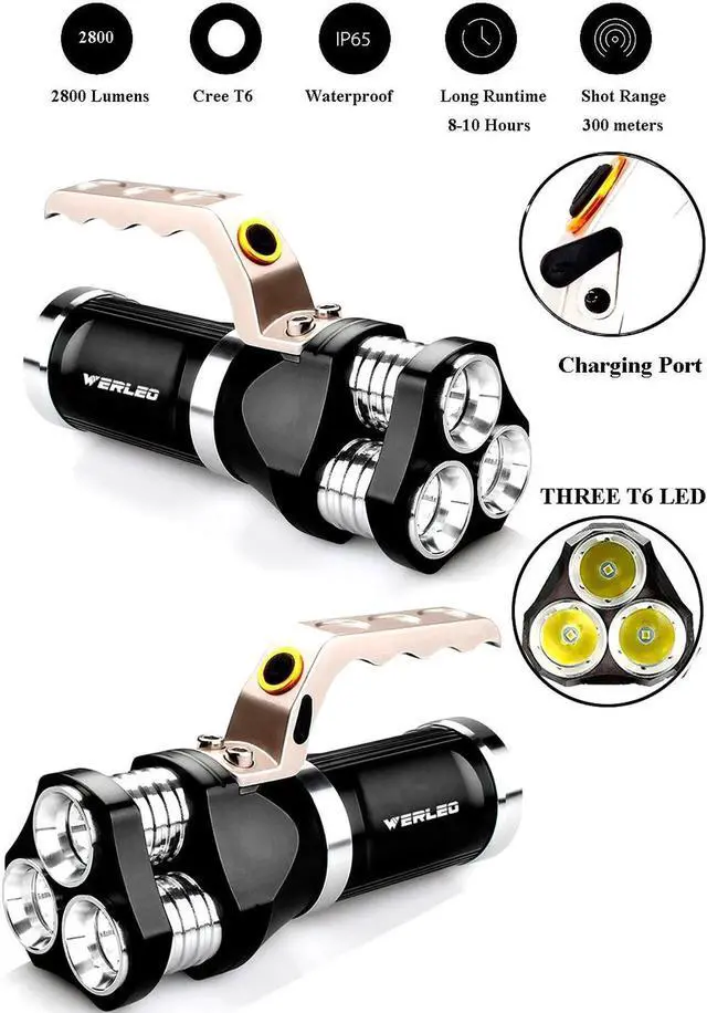 Alt view image 2 of 7 - Werleo Super Bright Rechargeable Tactical LED Flashlight Torch Outdoor Waterproof High Powered Handheld Spotlight Searchlight Dimmable Floodlight For Camping Lantern Hiking Hunting Emergency