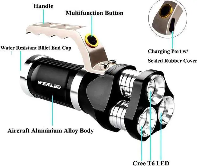 Alt view image 4 of 7 - Werleo Super Bright Rechargeable Tactical LED Flashlight Torch Outdoor Waterproof High Powered Handheld Spotlight Searchlight Dimmable Floodlight For Camping Lantern Hiking Hunting Emergency