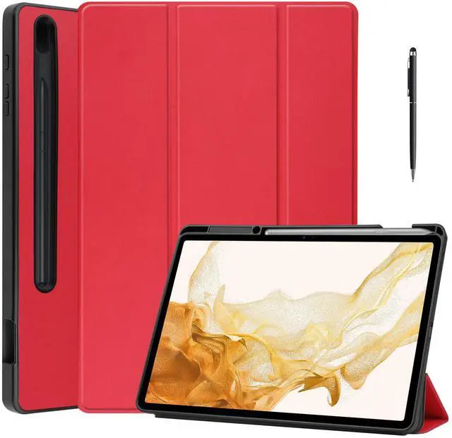 Main image of WERLEO Case for Samsung Galaxy Tab S8 Plus 2022 / S7 FE 2021 / S7 Plus 2020 12.4 inch, Slim Smart Stand Cover Protective Cover with Pencil Holder, Stand, Universal Stylus Pen Red