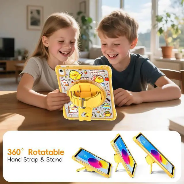 Alt view image 5 of 7 - WERLEO Case for iPad A16 11th Generation 11 inch 2025 / iPad 10th Generation 10.9 inch 2022 with Rotating Kickstand Hand/Shoulder Strap, Kids Cartoon Shockproof Tranparent Back Cover Yellow