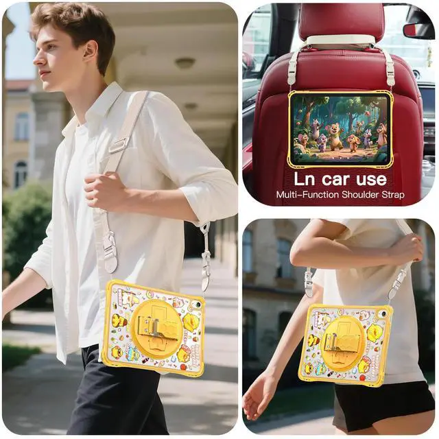 Alt view image 7 of 7 - WERLEO Case for iPad A16 11th Generation 11 inch 2025 / iPad 10th Generation 10.9 inch 2022 with Rotating Kickstand Hand/Shoulder Strap, Kids Cartoon Shockproof Tranparent Back Cover Yellow