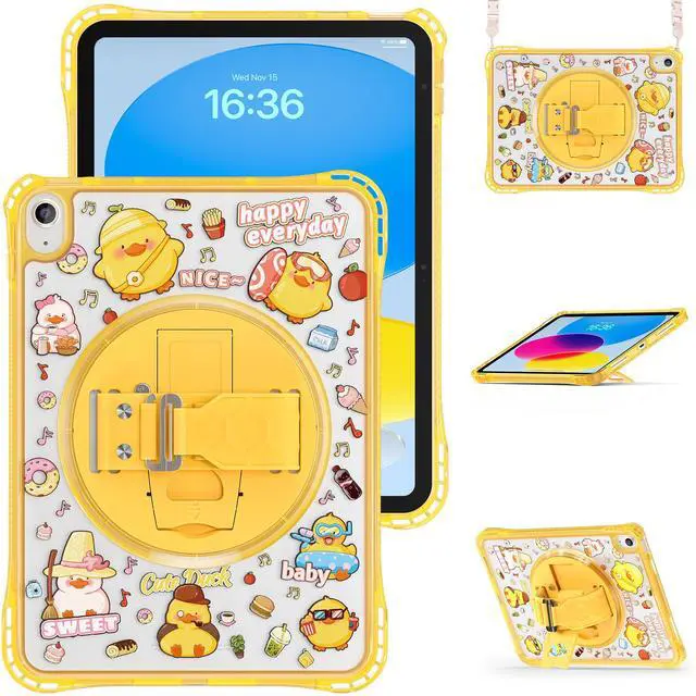 Main image of WERLEO Case for iPad A16 11th Generation 11 inch 2025 / iPad 10th Generation 10.9 inch 2022 with Rotating Kickstand Hand/Shoulder Strap, Kids Cartoon Shockproof Tranparent Back Cover Yellow