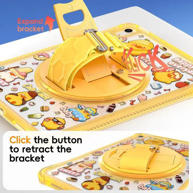 Alt view image 2 of 7 - WERLEO Case for iPad A16 11th Generation 11 inch 2025 / iPad 10th Generation 10.9 inch 2022 with Rotating Kickstand Hand/Shoulder Strap, Kids Cartoon Shockproof Tranparent Back Cover Yellow