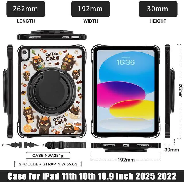Alt view image 4 of 7 - WERLEO Kids Case for iPad A16 11th Generation 11 inch 2025 / iPad 10th Generation 10.9 inch 2022 with Rotating Kickstand Hand/Shoulder Strap, Cartoon Shockproof Tranparent Back Cover Black