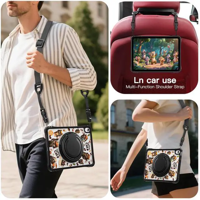 Alt view image 7 of 7 - WERLEO Kids Case for iPad A16 11th Generation 11 inch 2025 / iPad 10th Generation 10.9 inch 2022 with Rotating Kickstand Hand/Shoulder Strap, Cartoon Shockproof Tranparent Back Cover Black