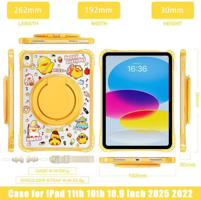 Alt view image 2 of 7 - WERLEO Kids Case for iPad A16 11th Generation 11 inch 2025 / iPad 10th Generation 10.9 inch 2022 with Rotating Kickstand Hand/Shoulder Strap, Cartoon Shockproof Tranparent Back Cover Yellow