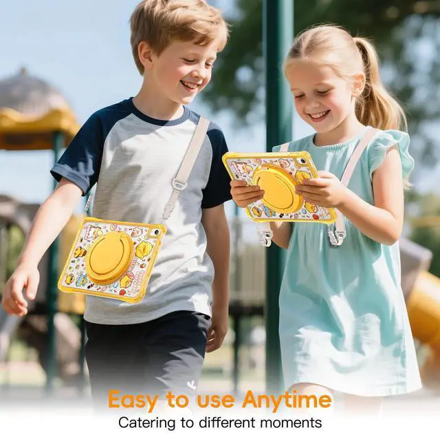 Alt view image 6 of 7 - WERLEO Kids Case for iPad A16 11th Generation 11 inch 2025 / iPad 10th Generation 10.9 inch 2022 with Rotating Kickstand Hand/Shoulder Strap, Cartoon Shockproof Tranparent Back Cover Yellow
