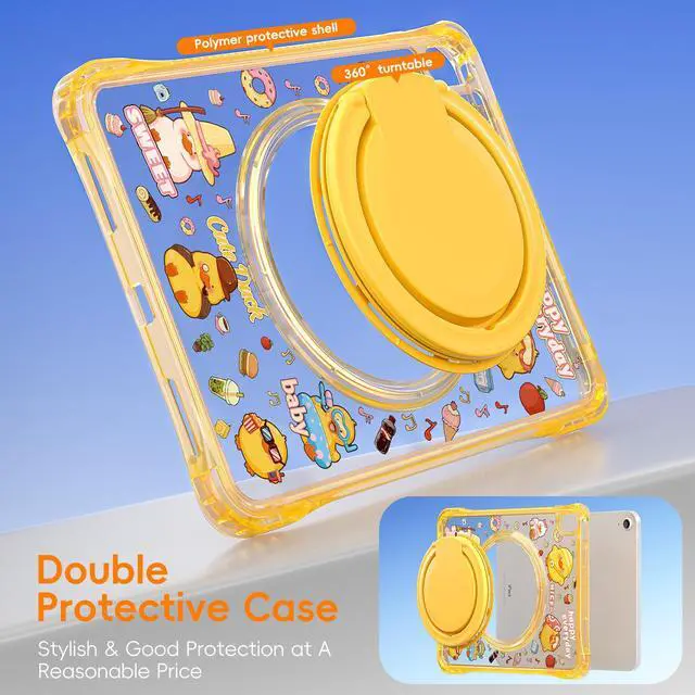 Alt view image 4 of 7 - WERLEO Kids Case for iPad A16 11th Generation 11 inch 2025 / iPad 10th Generation 10.9 inch 2022 with Rotating Kickstand Hand/Shoulder Strap, Cartoon Shockproof Tranparent Back Cover Yellow