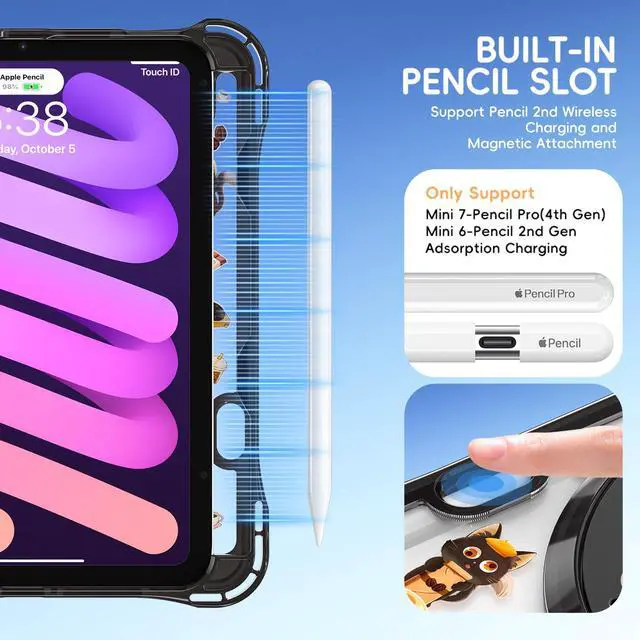 Alt view image 3 of 7 - WERLEO Case for iPad Mini 7 2024 (A17 Pro) / iPad Mini 6 2021, iPad Mini 7th/6th Generation Case 8.3 inch with Penci Holder Rotating Kickstand Hand/Shoulder Strap, Kid Cartoon Tranparent Back Cover