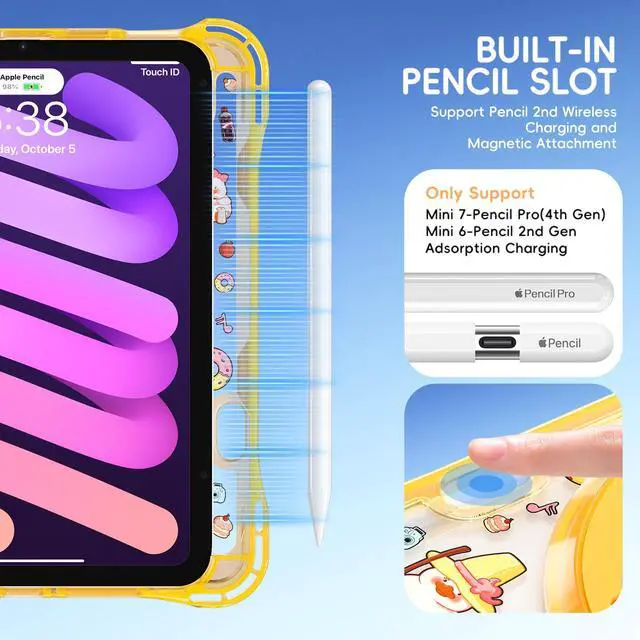 Alt view image 3 of 7 - WERLEO Case for iPad Mini 7 2024 (A17 Pro) / iPad Mini 6 2021, iPad Mini 7th/6th Generation Case 8.3 inch with Penci Holder Rotating Kickstand Hand/Shoulder Strap, Kid Cartoon Tranparent Back Cover