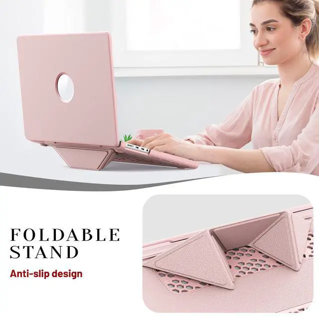 Alt view image 3 of 7 - WERLEO for MacBook Pro 14 inch Case 2025-2021 M4 M3 M2 M1 Pro/Max A3401 A3185 A3112 A2992 A2918 A2779 A2442, PU Leather Hard Shell Cover with Foldable Kickstand & Keyboard Cover & Logo Cutout Pink