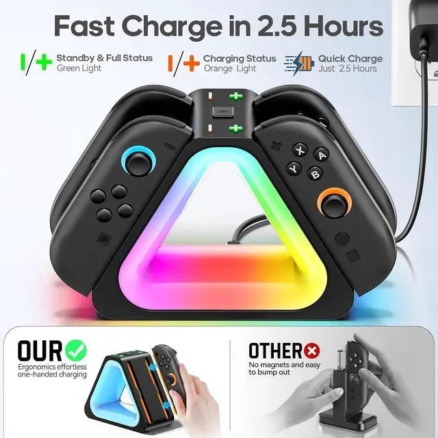 Alt view image 3 of 6 - WERLEO Charging Dock for Nintendo Switch 2 JoyCon, Joycon 2 Controller Charging Docking Station, Ergonomics & Magnetic Fast Charger Dock Station with Charging Cable for Nintendo 64 Games