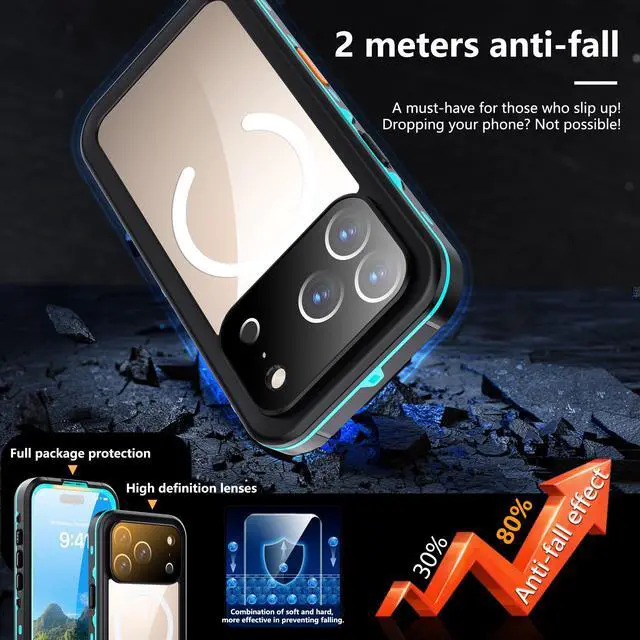 Alt view image 4 of 7 - WERLEO for iPhone 17 Pro Waterproof Case Compatible with MagSafe, Magnetic Waterproof Full Body IP68 Underwater Case Built-in Screen Protector Military Grade Shockproof Cover with Lanyard Blue