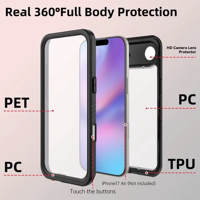 Alt view image 5 of 7 - WERLEO Waterproof Case for iPhone 17 Air with Camera Control Capture Button, Built-in Screen Protector [IP68 Underwater][Military Dropproof] Full Body Shockprooof Phone Cover