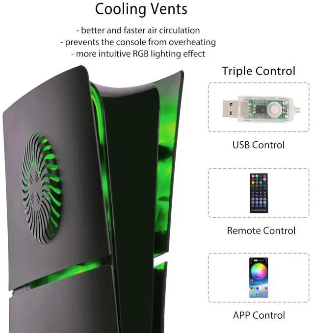 Alt view image 4 of 7 - WERLEO Faceplates for PS5 Slim Digital Edition with RGB Light Strip and Dust Filter with Cooling Vents DOBEWINGDELOU 400+ Effects LED Light Ring Console Face Plate Cover DIY Decoration Kit Black