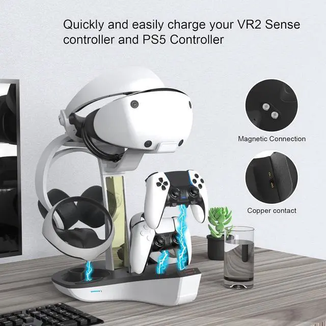 Alt view image 2 of 7 - WERLEO 4-in-1 Controller Charging Station for PSVR2 and PS5, Dual Charging Dock with VR Headset Display Holder and Headphone Rack, LED Indicator, Charging Cable, RGB Lights, 3 Magnetic Connector