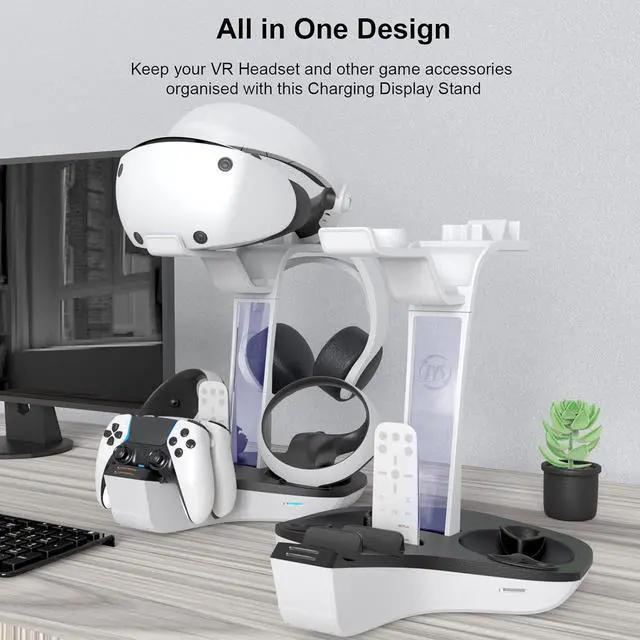 Alt view image 6 of 7 - WERLEO 4-in-1 Controller Charging Station for PSVR2 and PS5, Dual Charging Dock with VR Headset Display Holder and Headphone Rack, LED Indicator, Charging Cable, RGB Lights, 3 Magnetic Connector