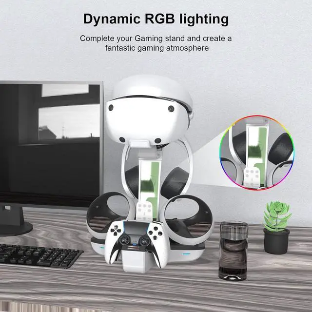 Alt view image 4 of 7 - WERLEO 4-in-1 Controller Charging Station for PSVR2 and PS5, Dual Charging Dock with VR Headset Display Holder and Headphone Rack, LED Indicator, Charging Cable, RGB Lights, 3 Magnetic Connector