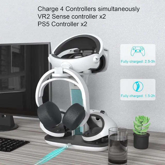 Alt view image 5 of 7 - WERLEO 4-in-1 Controller Charging Station for PSVR2 and PS5, Dual Charging Dock with VR Headset Display Holder and Headphone Rack, LED Indicator, Charging Cable, RGB Lights, 3 Magnetic Connector