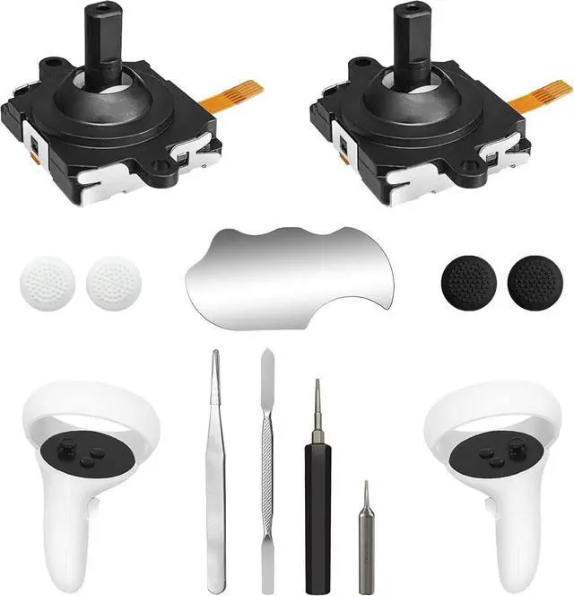 Main image of WERLEO Joystick Replacement Kit for Oculus Quest 2 / Quest 3 Controller, Repair Accessories for Meta Quest 2/3 Controller, Include 2 Joysticks, T5 Screwdriver, Tweezer, Pry Tool, 4 Thumbstick Grips
