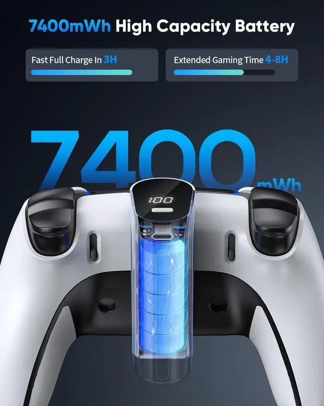 Alt view image 4 of 7 - WERLEO [LED Display] 7400mWh Rechargeable Battery Pack for PS5 and PS5 Edge Controller, Battery Extender for PlayStation 5 and PlayStation Elite Controller, Play and Charge Kit for ps5 Accessories