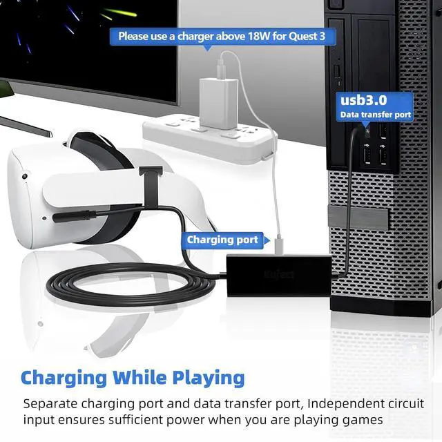 Alt view image 3 of 7 - WERLEO 16FT Link Cable for Quest 3S/3, Quest2 and Quest Pro, With Separate Charging Port for Uninterrupted Power, USB 3.0 Type A to C Cable for VR Headset Accessories and Gaming PC