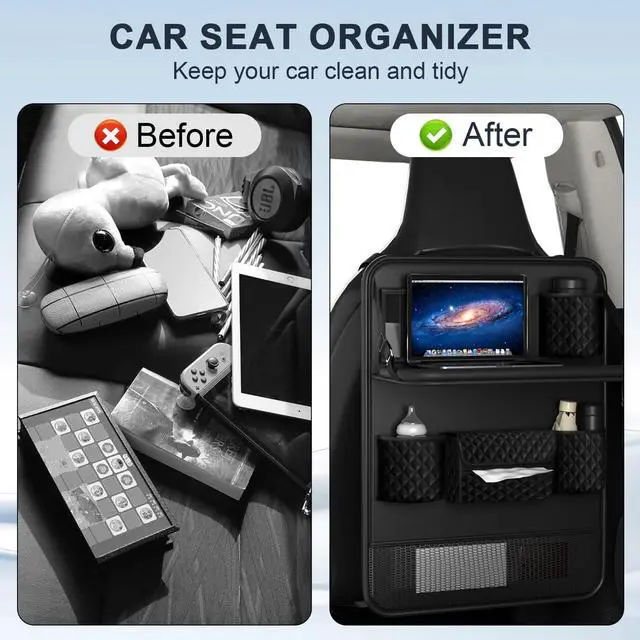 Alt view image 4 of 7 - WERLEO Universal Car Backseat Organizer with Tablet Holder & Foldable Tray - Heavy-Duty Kick Mats Seat Protector for Kids, Waterproof Multi-Pocket Storage for Road Trips, Cars, SUVs