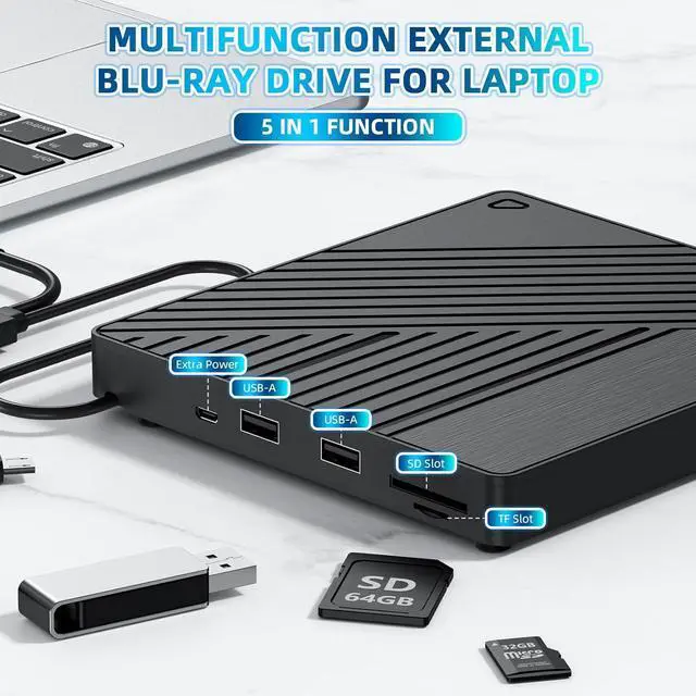 Alt view image 2 of 7 - WERLEO Ultra-Portable 5-in-1 External Blu-ray Drive: USB 3.0 & USB-C DVD/CD Burner, BD Reader with Dual USB-A Ports & SD/TF Card Readers Seamless Laptop/PC Compatibility for Windows, Mac, Linux (5 I