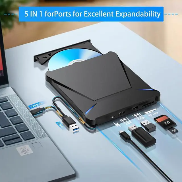 Alt view image 3 of 7 - WERLEO 5 in 1 External Blu-ray Burner Drive, USB 3.0 & Type-C DVD/CD/Blu ray Burner Writer with SD/TF Card Reader, Supports 100GB Discs R/W for Windows, Linux, macOS (PC/Laptop/Desktop)