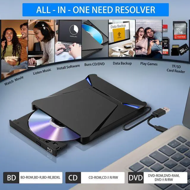 Alt view image 6 of 7 - WERLEO 5 in 1 External Blu-ray Burner Drive, USB 3.0 & Type-C DVD/CD/Blu ray Burner Writer with SD/TF Card Reader, Supports 100GB Discs R/W for Windows, Linux, macOS (PC/Laptop/Desktop)