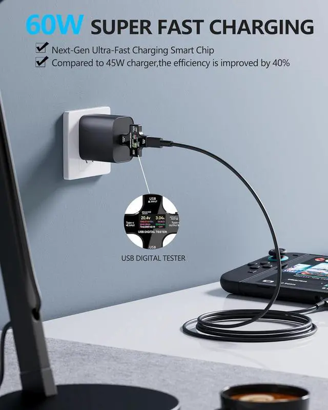 Alt view image 5 of 6 - WERLEO 60w Charger for Nintendo Switch 2 Charger Power AC Adapter Fast Charging with 5FT USB C Cord Cable Compatible with Lite, OLED, Steam Deck - Support TV Mode