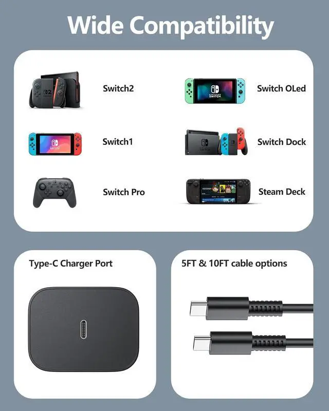 Alt view image 2 of 6 - WERLEO 60w Charger for Nintendo Switch 2 Charger Power AC Adapter Fast Charging with 5FT USB C Cord Cable Compatible with Lite, OLED, Steam Deck - Support TV Mode