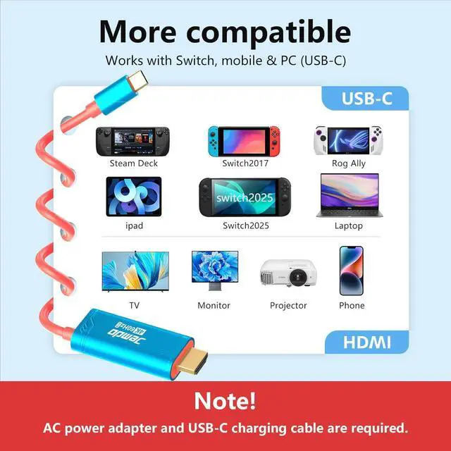 Alt view image 7 of 7 - WERLEO Switch 2 HDMI Cable Dock Base Station,4K 60 Hz 18 Gbps USB C 3.2 to HDMI 2.0 6.6 ft,100 W PD Play While Charging,Portable Travel TV Adapter Cord Compatible with Nintendo Switch 2/2017/OLED