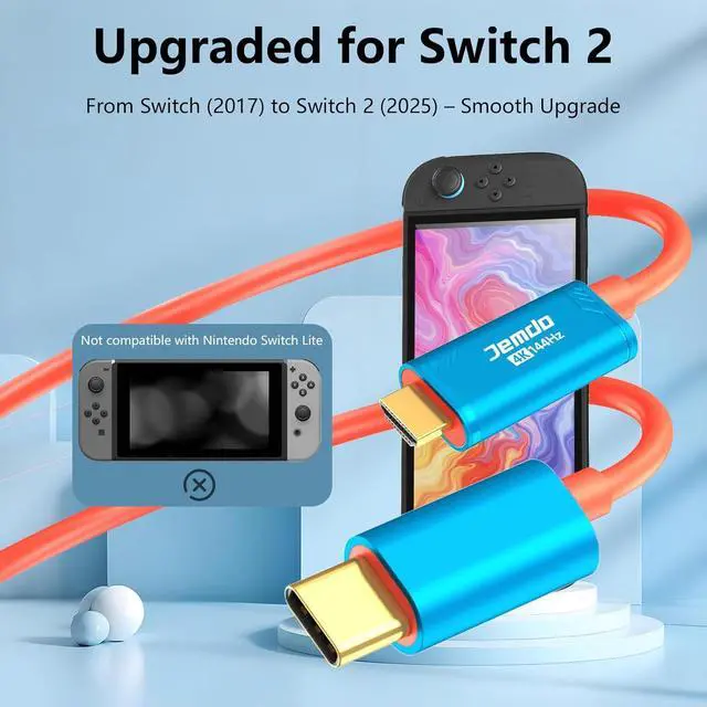 Alt view image 2 of 7 - WERLEO Switch 2 HDMI Cable Dock Base Station,4K 144 Hz 48 Gbps USB C 3.2 to HDMI 2.1 6.6 ft,100 W PD Play While Charging,Portable Travel TV Adapter Cord Compatible with Nintendo Switch 2/2017/OLED