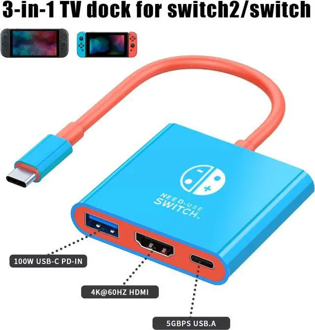 Alt view image 4 of 7 - WERLEO USB C to HDMI Adapter for Switch 2, Dock 3 in 1 TV Switch Adapter with 4K HDMI Cable, 100W Type C Charging, Compatible with Switch 2, N Switch, Steam Deck, Smartphones, PC