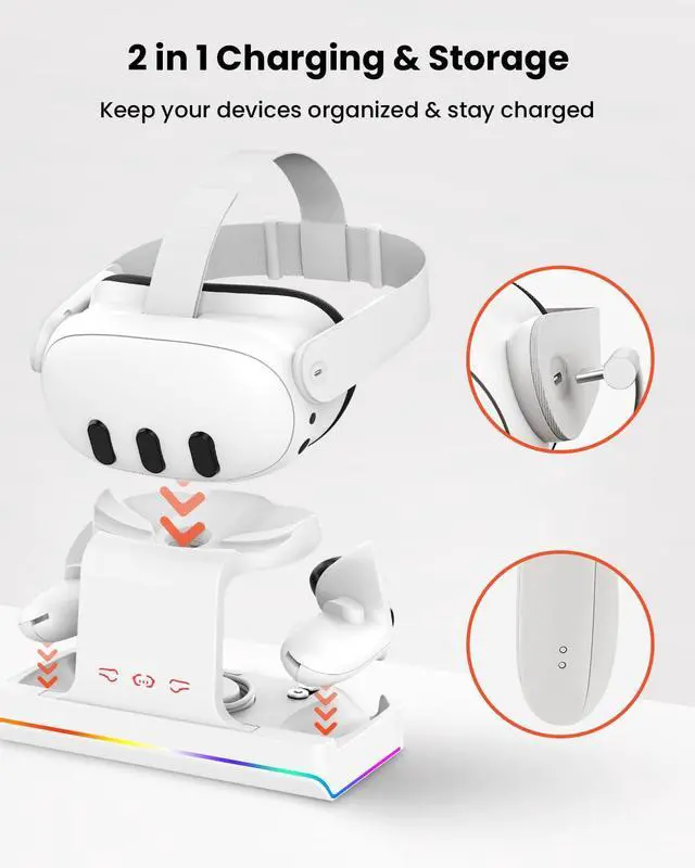 Alt view image 5 of 7 - WERLEO Charging Dock for Meta Quest 3/Oculus Quest 3, VR Headset & Controllers Charging Stand with RGB LED Light [On/Off], VR Accessories with 2 Rechargeable Batteries, Fast Charging Station
