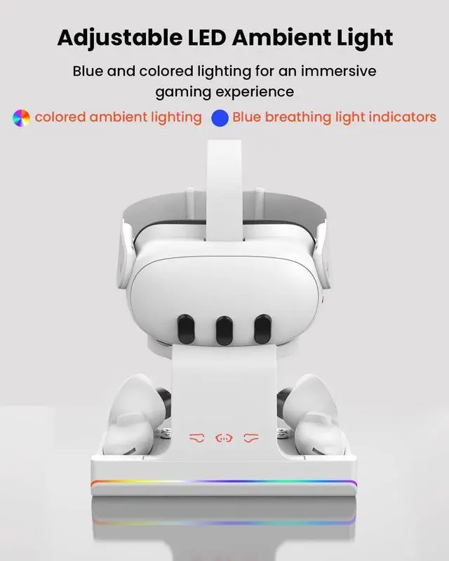 Alt view image 4 of 7 - WERLEO Charging Dock for Meta Quest 3/Oculus Quest 3, VR Headset & Controllers Charging Stand with RGB LED Light [On/Off], VR Accessories with 2 Rechargeable Batteries, Fast Charging Station