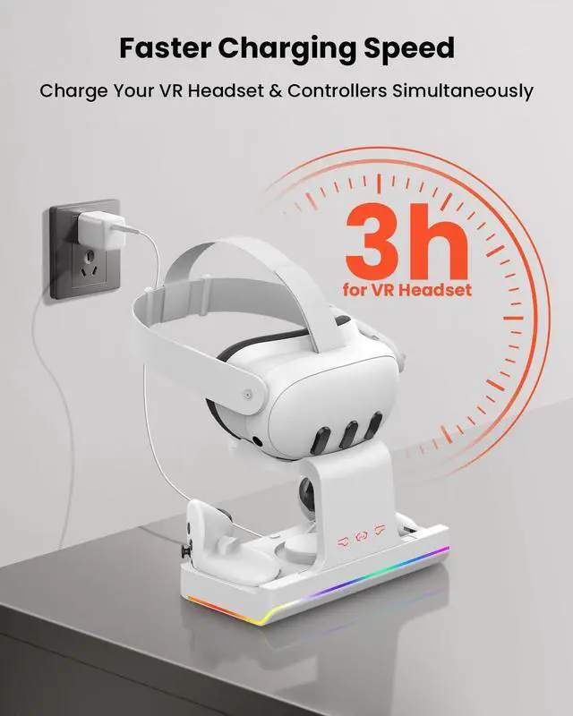 Alt view image 3 of 7 - WERLEO Charging Dock for Meta Quest 3/Oculus Quest 3, VR Headset & Controllers Charging Stand with RGB LED Light [On/Off], VR Accessories with 2 Rechargeable Batteries, Fast Charging Station