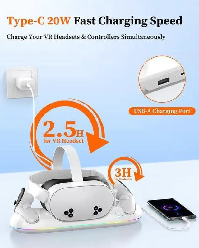Alt view image 3 of 7 - WERLEO Charging Dock for Meta Quest 3S/3/2, 20W Magnetic Charging Station for Oculus Quest 3S/3/2 Accessories with Rechargeable 2X2100mAh Batteries, RGB Charging Stand for VR Headset & Controllers