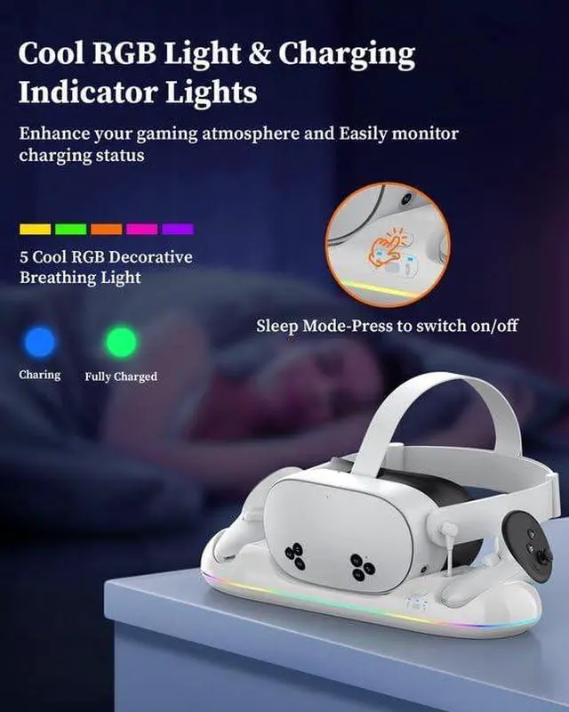 Alt view image 6 of 7 - WERLEO Charging Dock for Meta Quest 3S/3/2, 20W Magnetic Charging Station for Oculus Quest 3S/3/2 Accessories with Rechargeable 2X2100mAh Batteries, RGB Charging Stand for VR Headset & Controllers