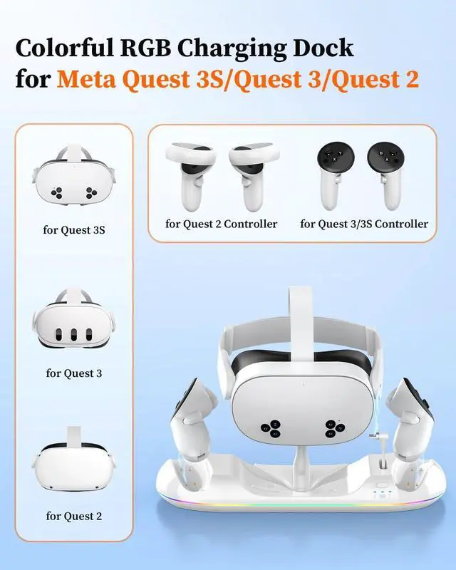 Alt view image 4 of 7 - WERLEO Charging Dock for Meta Quest 3S/3/2, 20W Magnetic Charging Station for Oculus Quest 3S/3/2 Accessories with Rechargeable 2X2100mAh Batteries, RGB Charging Stand for VR Headset & Controllers