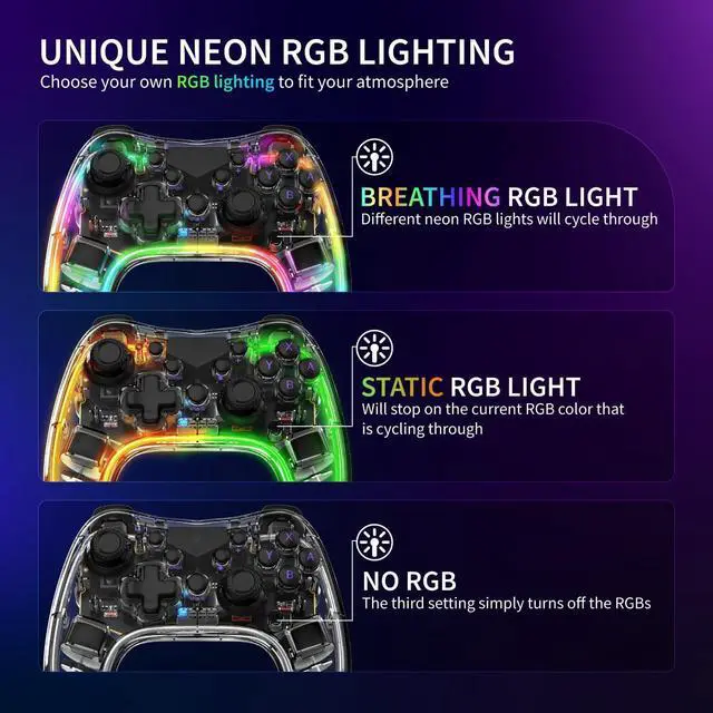 Alt view image 2 of 5 - WERLEO Wireless Bluetooth Gaming Controller with RGB Lights (14 Color Setting) and 4 Level Vibration Function for Switch/Lite/OLED, Android/iOS/PC/Steam/Apple Arcade MFi Games, Switch Pro Controller
