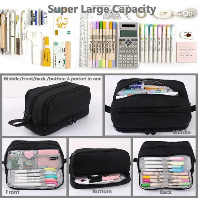 Alt view image 3 of 7 - WERLEO Large Capacity Pencil Case 4 Compartments, Pencil Pouch Bag with Zipper Portable Handle, Pen Case Bag Stationery Organizer for Office College School Adults Teen Girls Boys Men Women