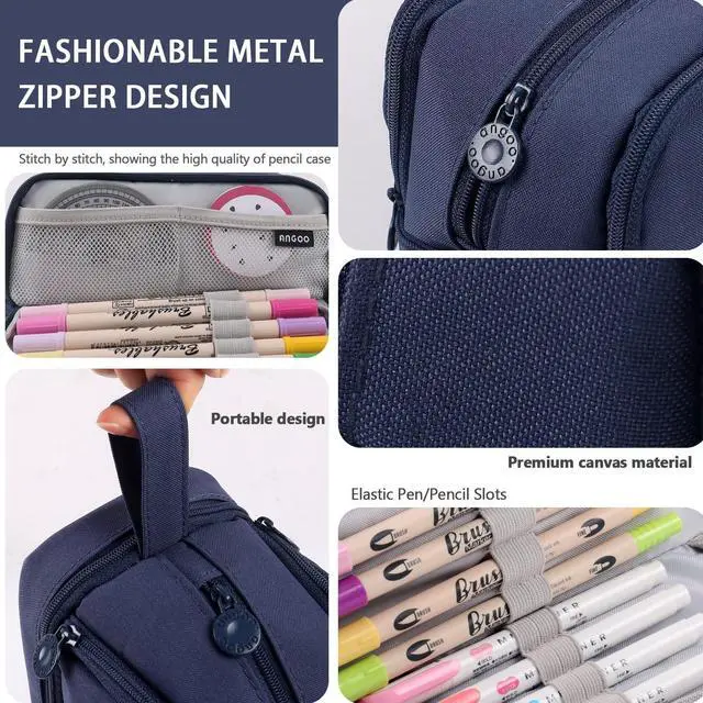 Alt view image 4 of 7 - WERLEO Large Capacity Pencil Case 4 Compartments, Pencil Pouch Bag with Zipper Portable Handle, Pen Case Bag Stationery Organizer for Office College School Adults Teen Girls Boys Men Women Blue