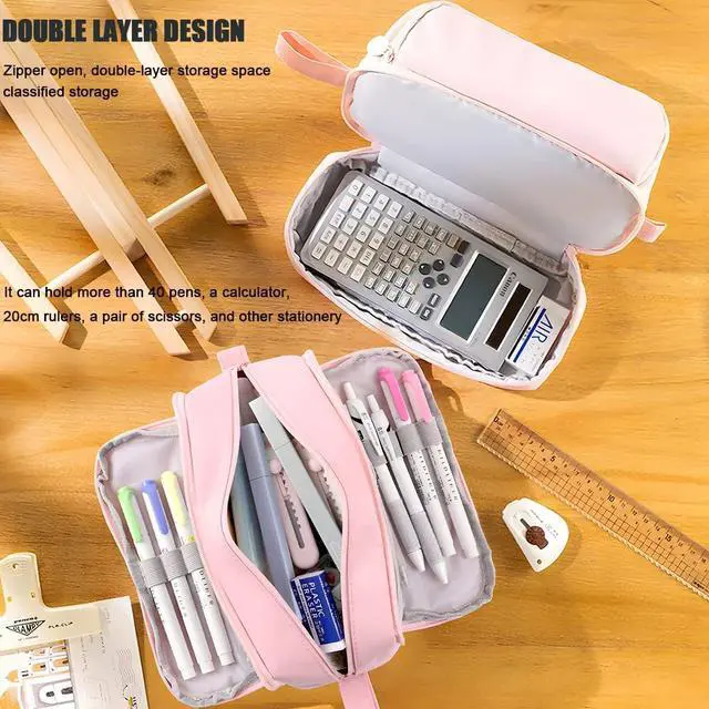 Alt view image 2 of 7 - WERLEO Large Capacity Pencil Case 4 Compartments, Pencil Pouch Bag with Zipper Portable Handle, Pen Case Bag Stationery Organizer for Office College School Adults Teen Girls Boys Men Women Pink
