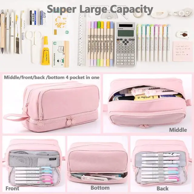 Alt view image 4 of 7 - WERLEO Large Capacity Pencil Case 4 Compartments, Pencil Pouch Bag with Zipper Portable Handle, Pen Case Bag Stationery Organizer for Office College School Adults Teen Girls Boys Men Women Pink