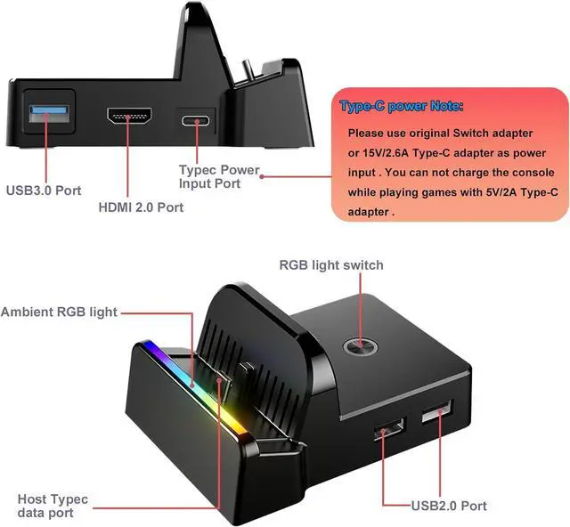 Alt view image 5 of 7 - WERLEO Portable TV Dock for Nintendo Switch/Switch OLED/Switch 2 Replacement, Black 4K HDMI Adapter with HDMI & USB 3.0/2.0 Ports/Type-C Port